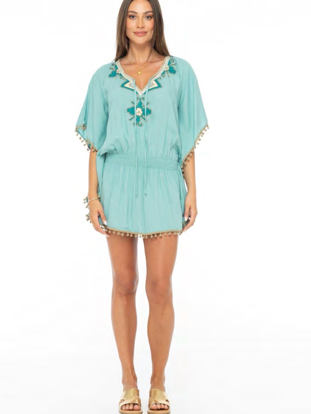 Embroidered Teal Short butterfly with top with Pom Pom trimmed.
